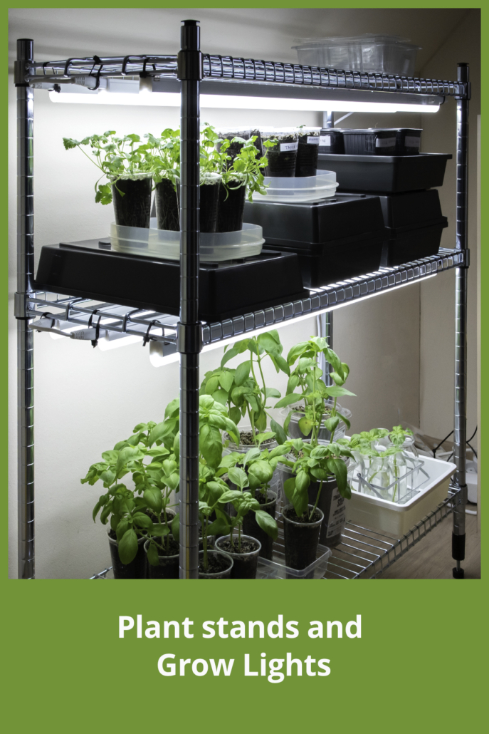 Grow lights and plant stands for indoor herb garden setup